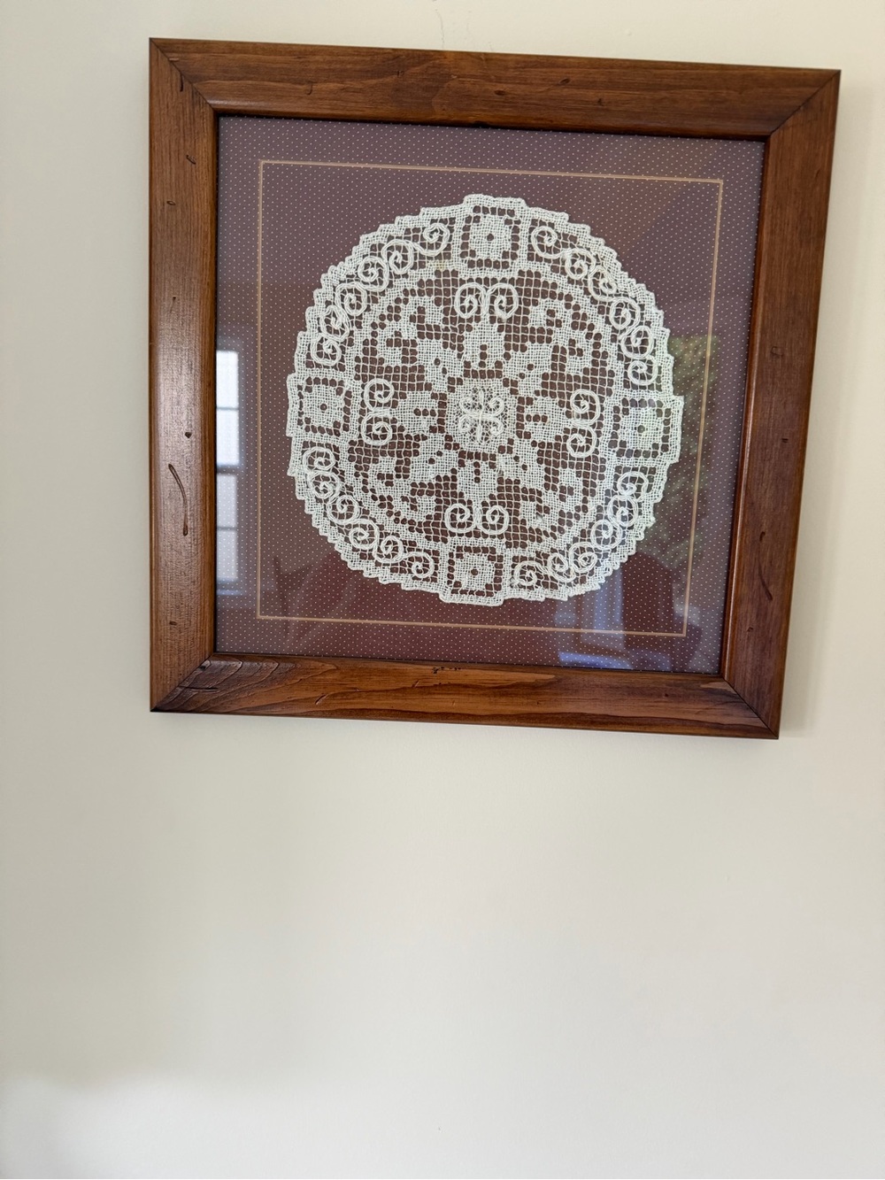 Handcrafted White Lace Doily Wall Art in Brown Frame